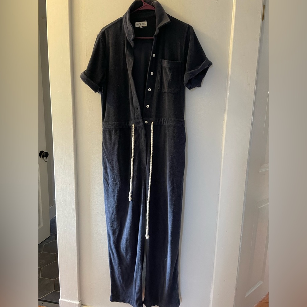 Terry cloth jumpsuit with pockets and rope tie